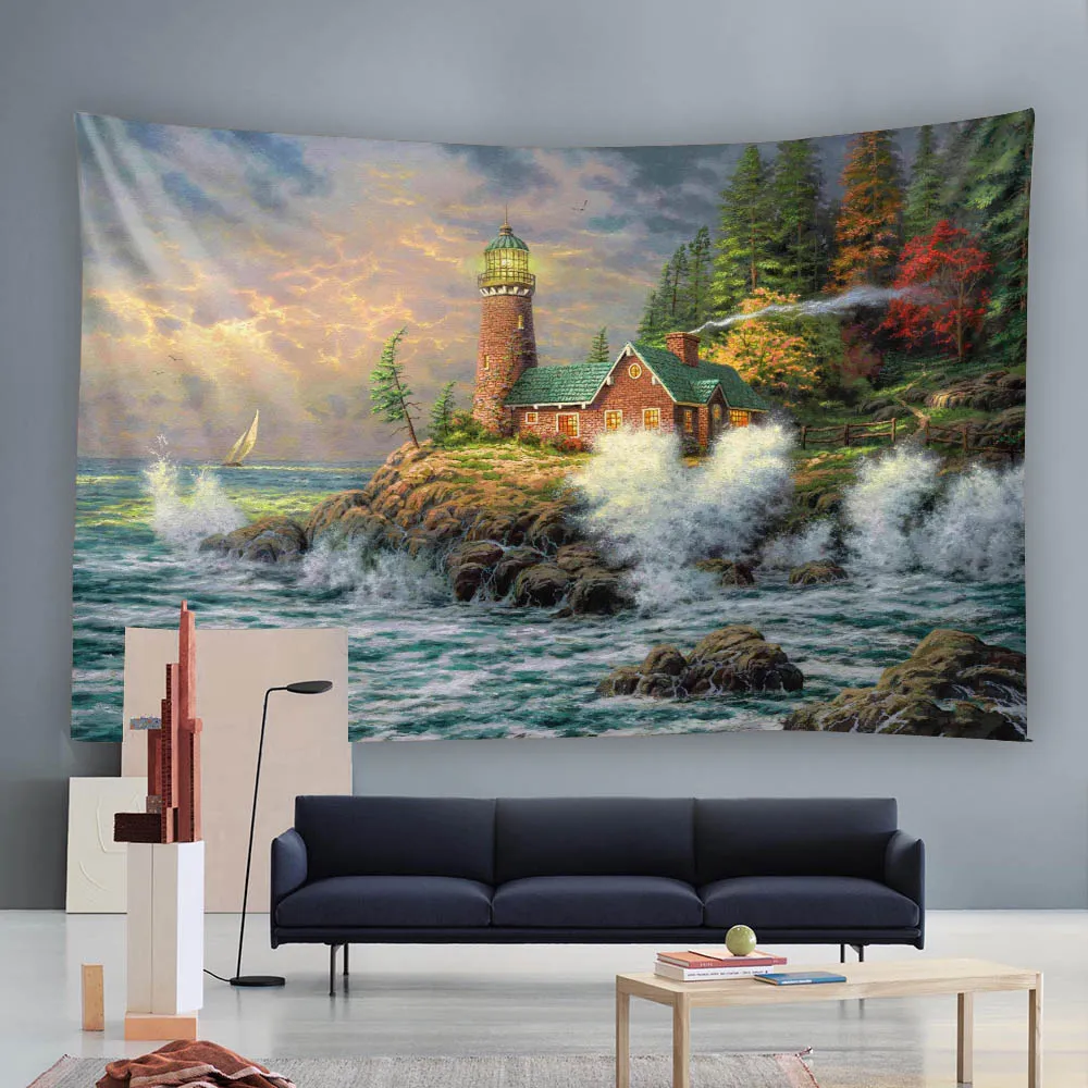 Retro World Oil Painting Tapestry Starry Sky Sea Countryside Landscape Fabric Mural Bed Sheet Yoga Mat Background Cloth