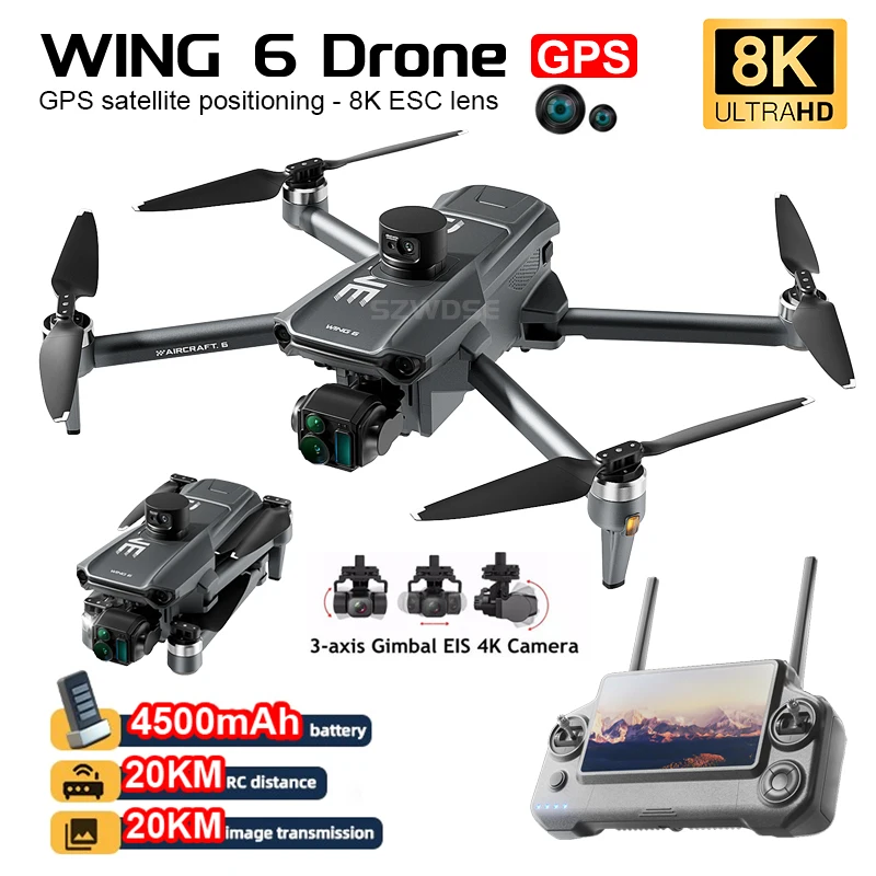 Wing 6 GPS Drone With 8K Camera 20KM RC With Screen Profesional Drone  obstacle avoidance Brushless Foldable RC Quadcopter Toy