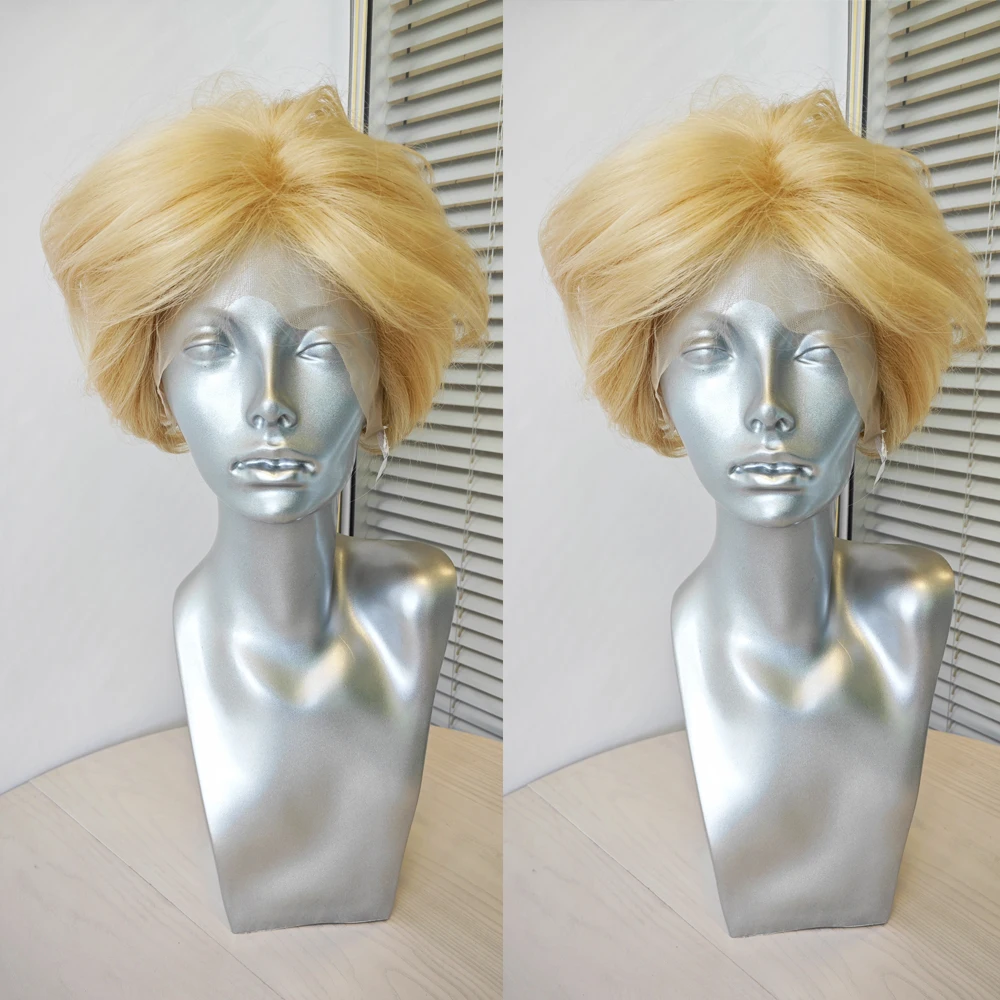 RONGDUOYI Blonde Hair Pixie Bob Lace Front Wigs Short Cut Natural Wave Synthetic Wig Ginger Orange Transparent Makeup Daily Use