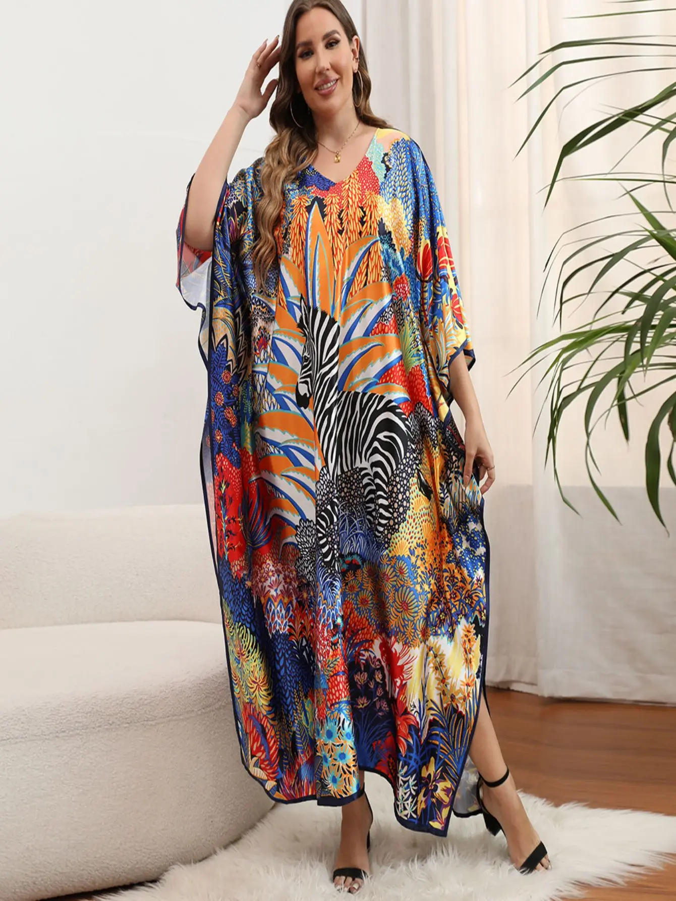 Plus Size Boho zakrywają damskie s Plus wydruk graficzny rękaw w kształcie skrzydła nietoperza z dekoltem w szpic luźna, z wycięciem sukienka