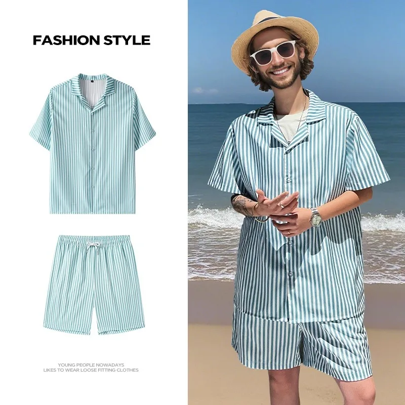 

2025 New Men Summer Outfit Pure Blue Short Sleeve Shirt Shorts Set Comfortable Breathable Casual Beach Vacation Men's Short Sets