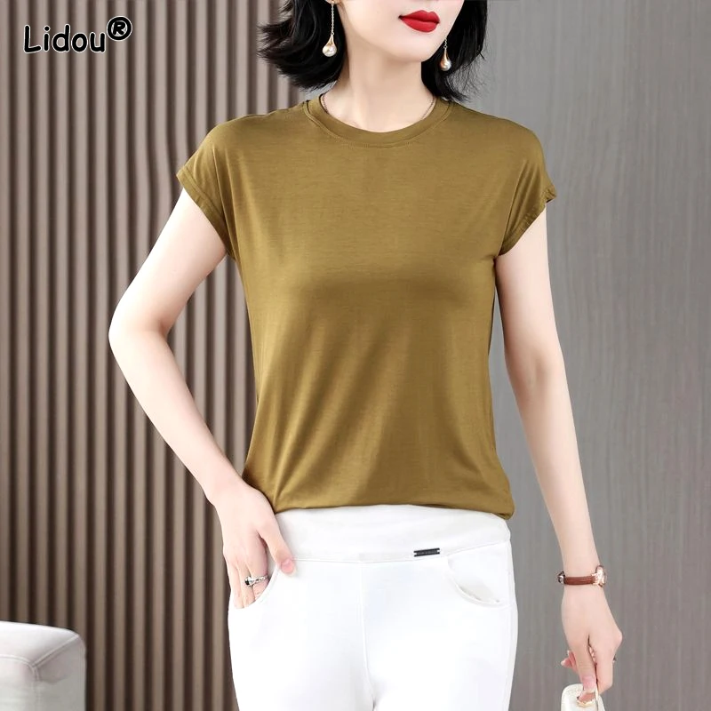 

Simplicity Comfortable Tops Short Sleeve T-Shirts Thin Summer Solid Color Round Neck Skinny Fashion Casual Women's Clothing 2023