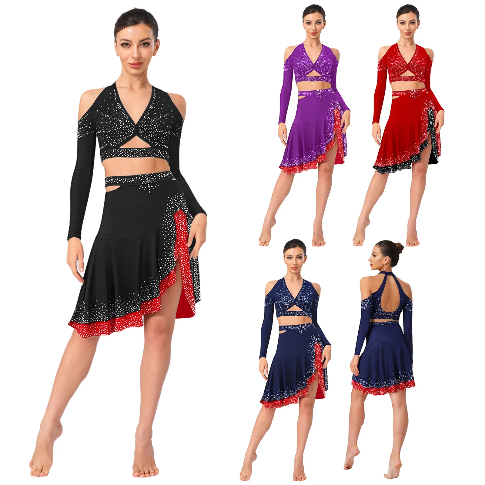 Donne Jazz Balletto Abiti da ballo latino Strass Halter Manica lunga Crop Top con gonna Pattinaggio lirico Performance Dancewear