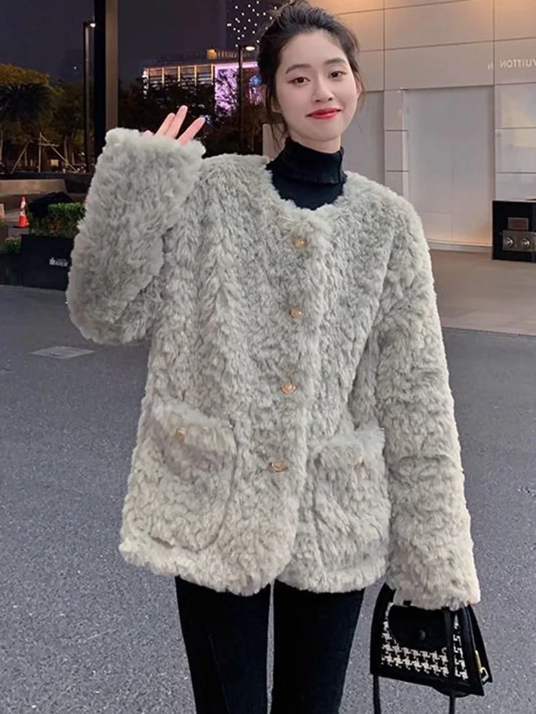 Mulheres soltas pele do falso engrossar jaquetas inverno quente o pescoço algodão acolchoado forrado abrigos design coreano sólido único breasted casacos