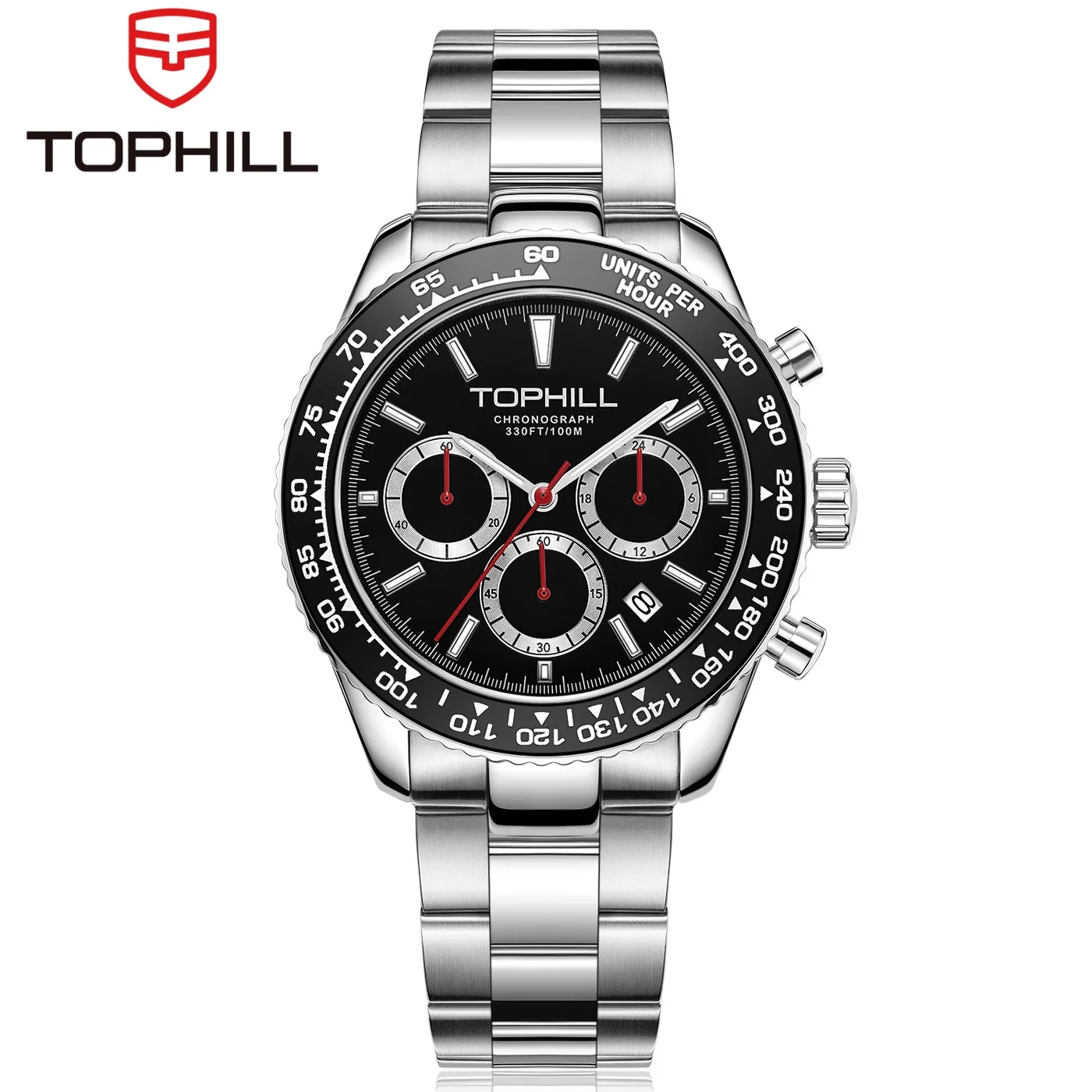 

TOPHILL мужские гоночные хронограф кварцевые часы с циферблатом панды тахометр кольцо из нержавеющей стали 100 м водонепроницаемые спортивные