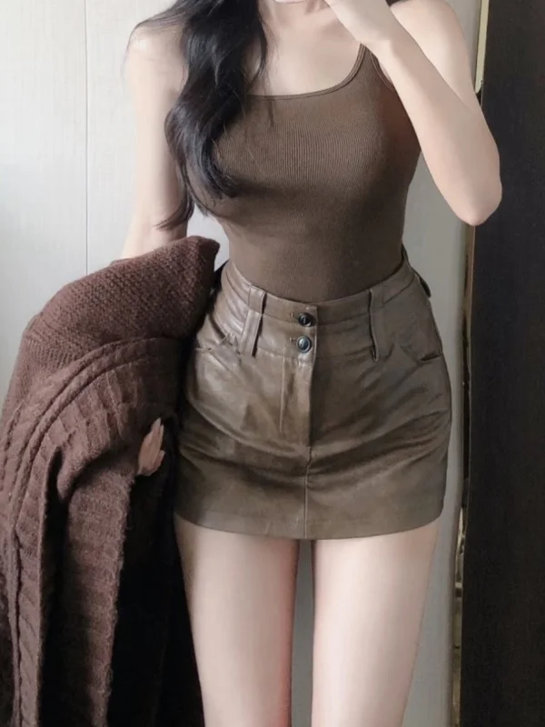 

Юбка-карандаш из искусственной кожи с высокой талией, женская, весенняя новинка, приталенная, с двойной застежкой на пуговицах, А-силуэт, для офиса, в простом стиле