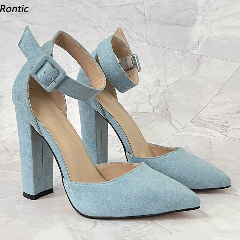 

Rontic новые женские туфли-лодочки ручной работы с пряжкой и ремешком на массивном каблуке с острым носком, красивые светло-голубые туфли для вечеринок, женские размеры США 5-20