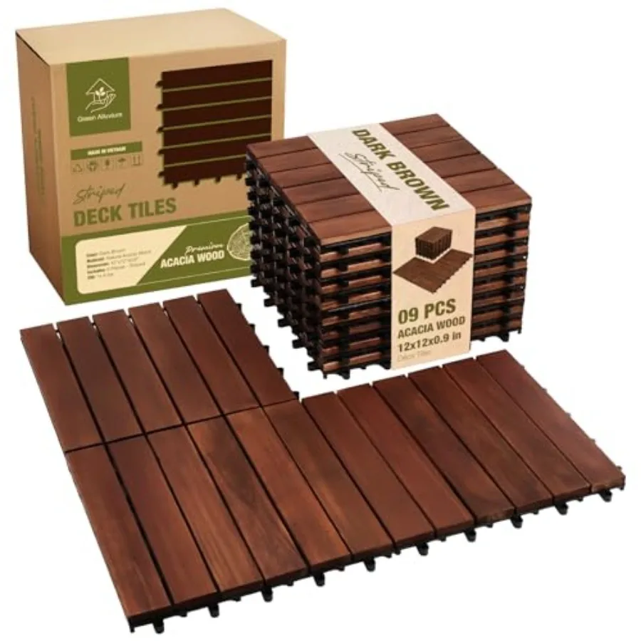 

Premium Acacia Wood Interlocking Deck Tiles, 12"x12"x0.9" Outdoor Patio Flooring, Waterproof All-Weather Use, 9 PCS, Striped Pa