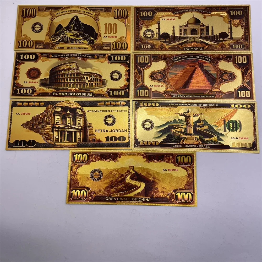 2025 NEW Seven Wonders of The World Gold Foil Banknote Taj Mahal Colosseum Chichen Itza Petra Machu Picchu 100 Dollar Gift