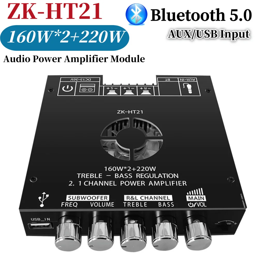 Módulo de placa amplificadora ZK-HT21 160WX2 + 220W TDA7498E Módulo de placa amplificadora de potência digital 2.1 canais HiFi Bluetooth compatível