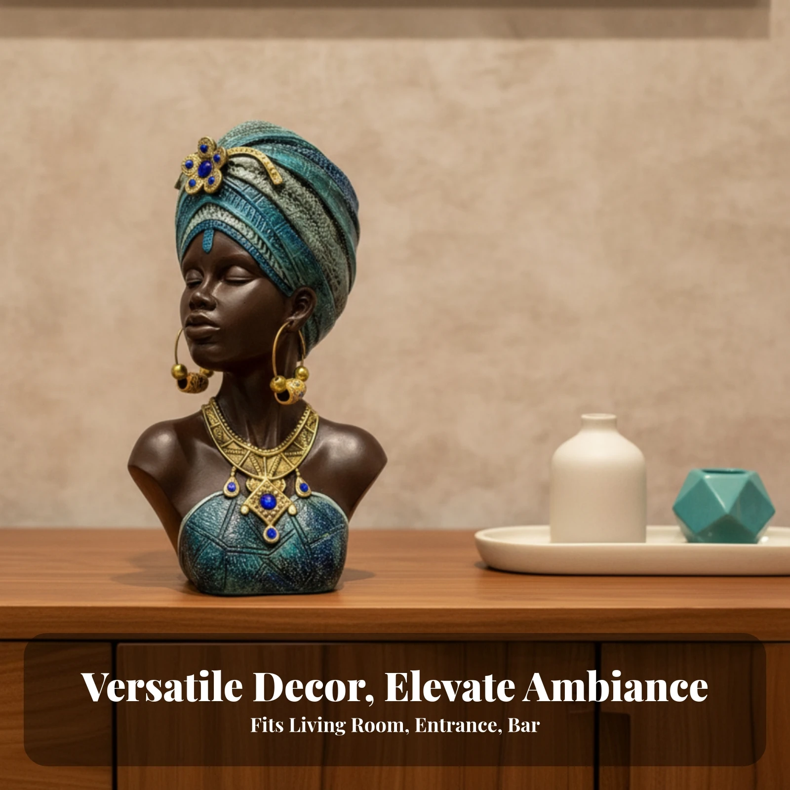 African Woman Bust Sculpture Blue Patterned Resin Decorative Bust African Female Sculpture Dark Brown
