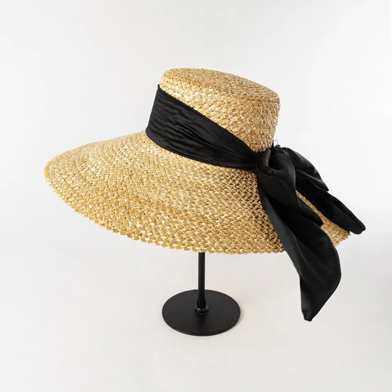 

Retro bow hand-woven, big-brimmed basin hat, outdoor beach sunshade straw hat