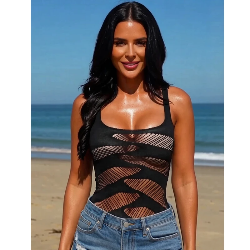1 PC Hollow Out See-through Top Sexy Fishnet Top Women Summer Beachwear Cover Up Swimwear without Bikini Y2K Style