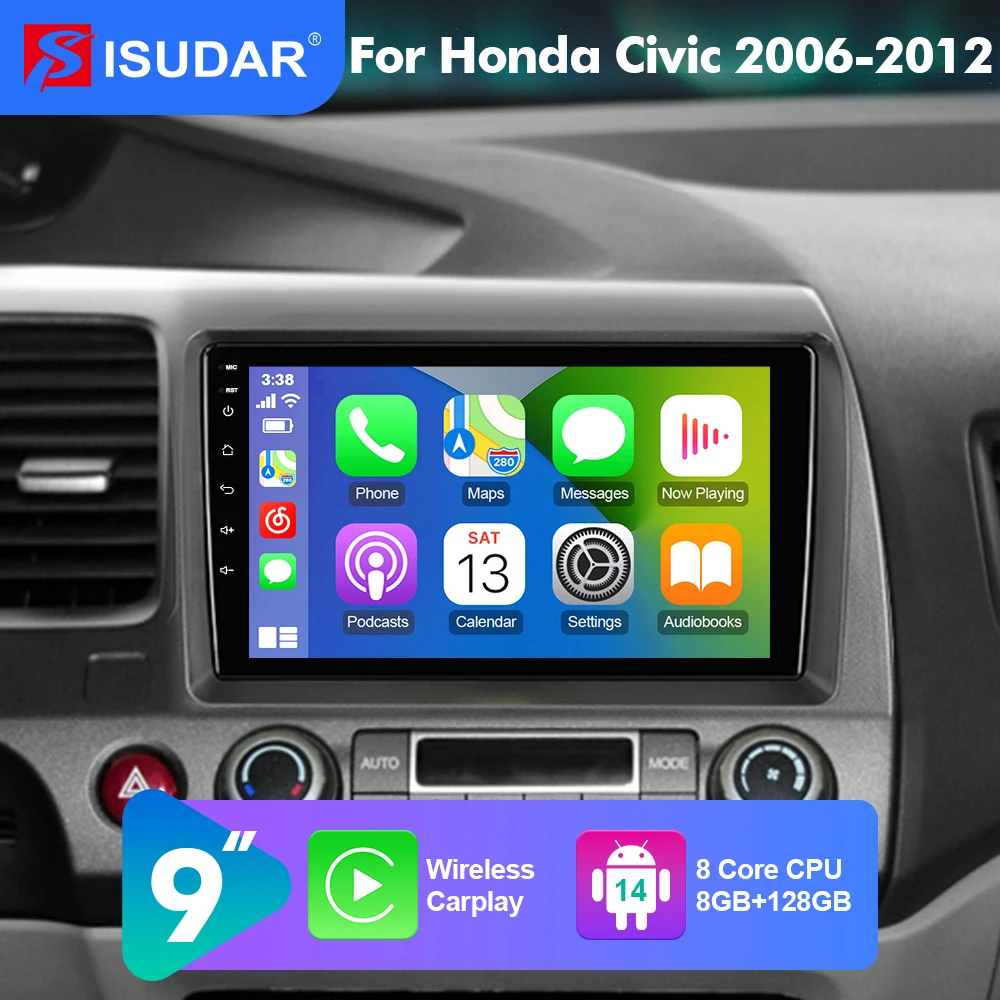 

9 Inch ISUDAR Android 14 Car Radio For Honda Civic 8th 2006-2012 Manual Air Conditioner Carplay Auto Stereo camera 2 din 8 CORE