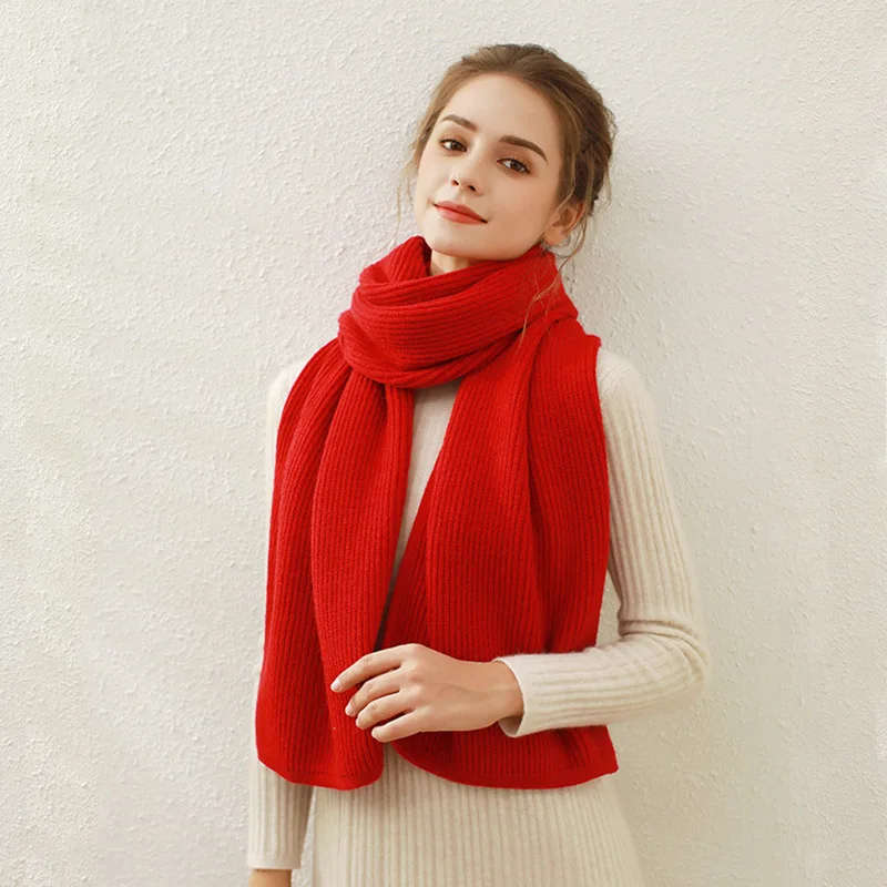 Pure Color Rib Knit Scarf Female Cashmere Warm Long Muffler Winter Woolen Yarn Scarves Women 170cm