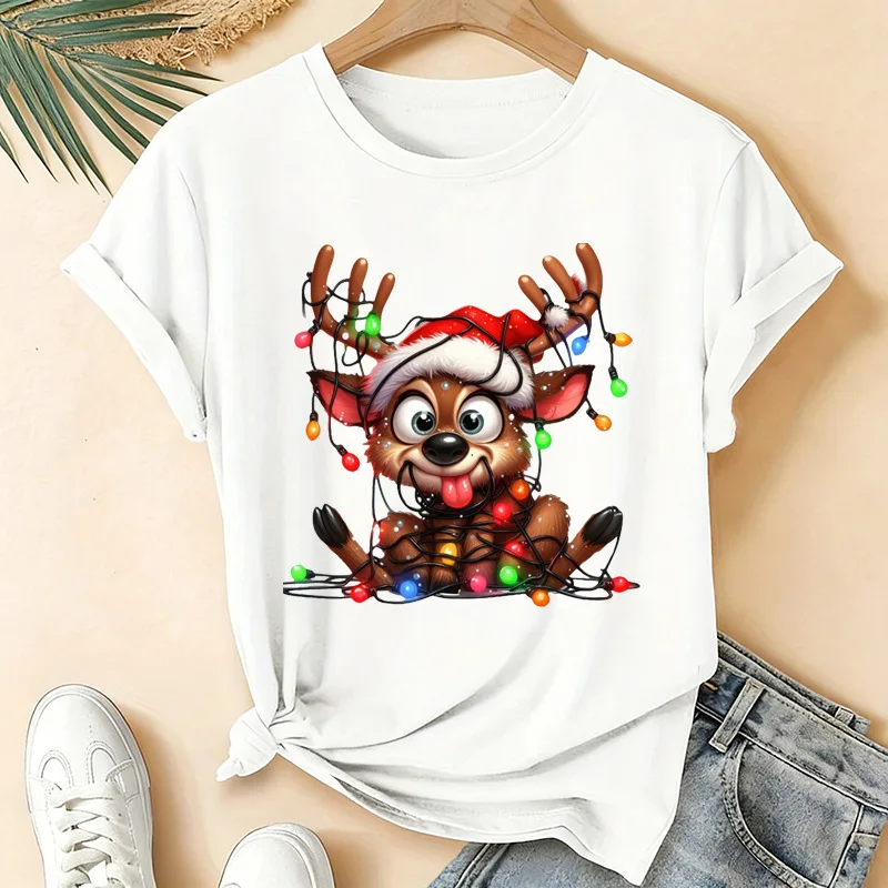 Cute Christmas Reindeer Santa Hat Colorful Lights Art Print Graphic Womens T Shirt Short Sleeve Crew Neck Casual Ladies Tee Tops