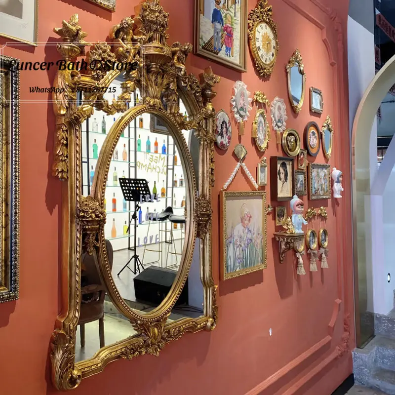 Baroque Carved Vintage Mirror, French European Art Wall Mirror for Fireplace, Bathroom, Villa Decor