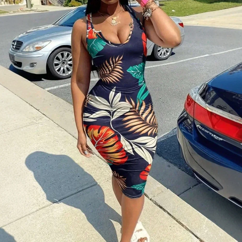Vestidos Primavera Verano vacaciones cómodo estampado gráfico sin mangas cuello dividido hasta la rodilla vestidos ajustados para mujeres