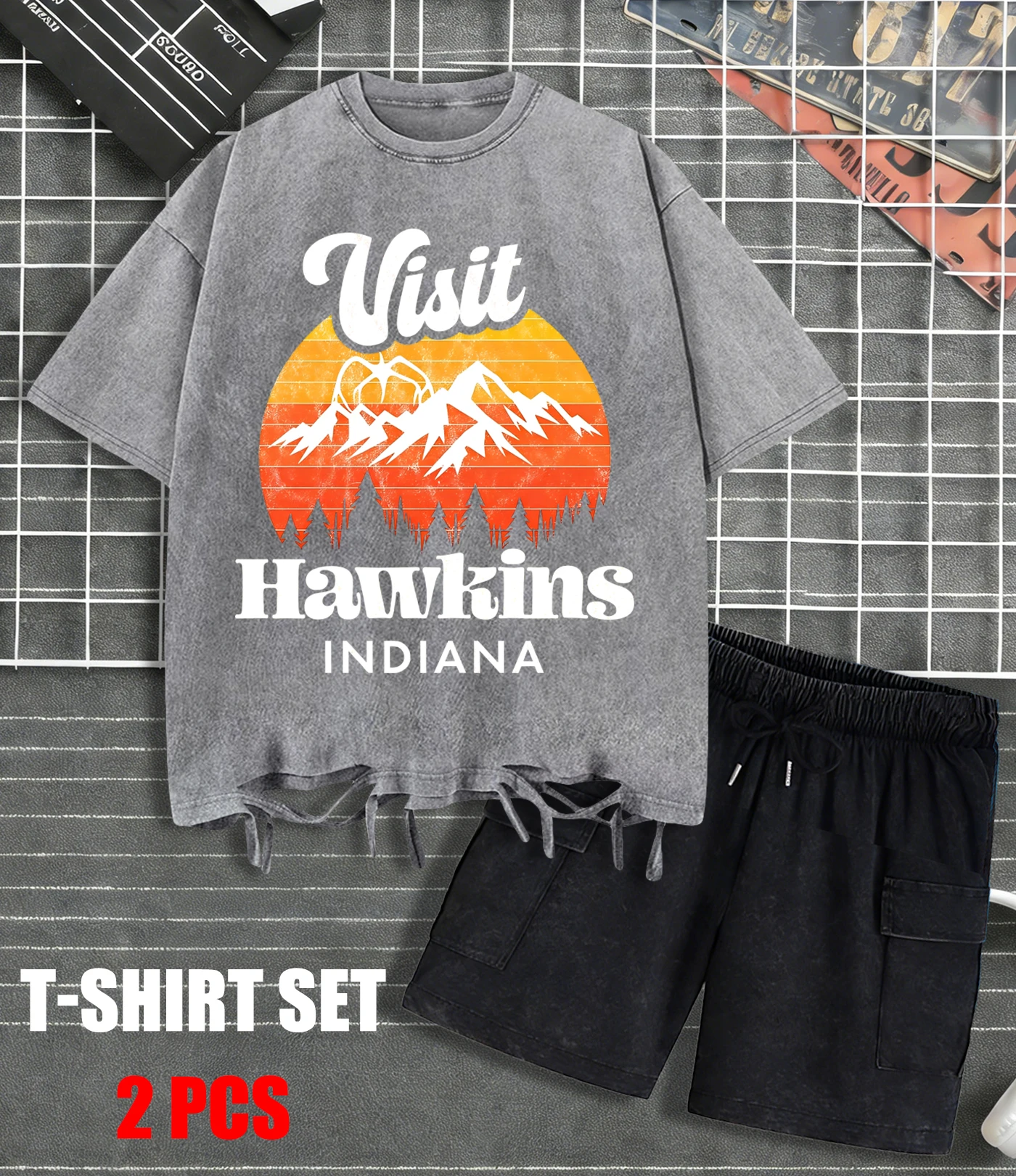 Visit The Scenery Of Hawkins Printed Washed Mens T-Shirt Summer Trendy Tee Shirts Soft Cotton O-Neck Short Unisex Loose Shorts