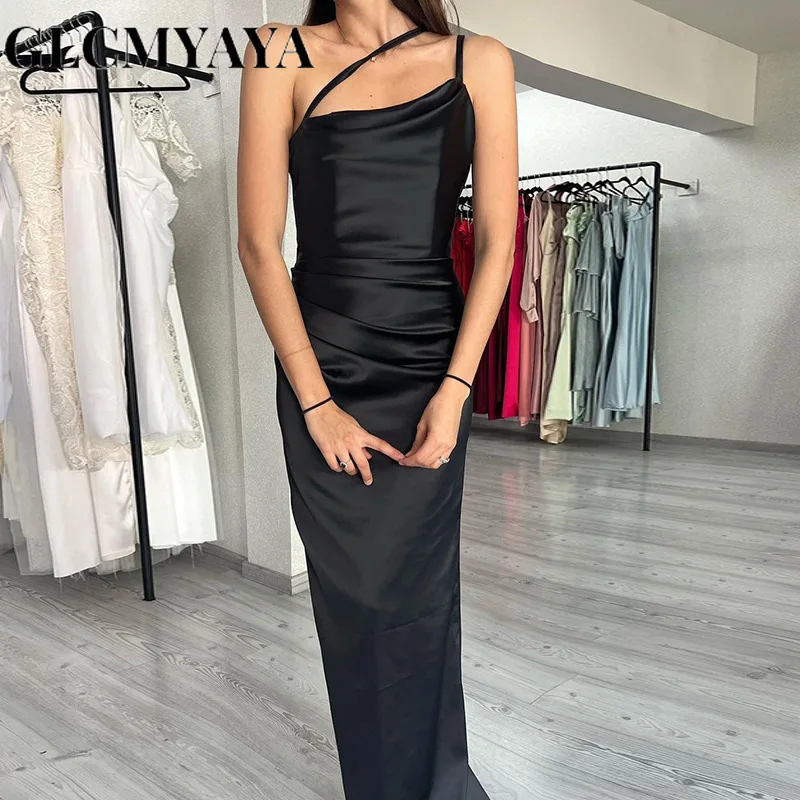 

GLCMYAYA Women Diagonal Collar Folds High Side Slit Solid Sleeveless Bodycon Dress 2023 INS Pocket Collar Sexy A-LINE Dresses