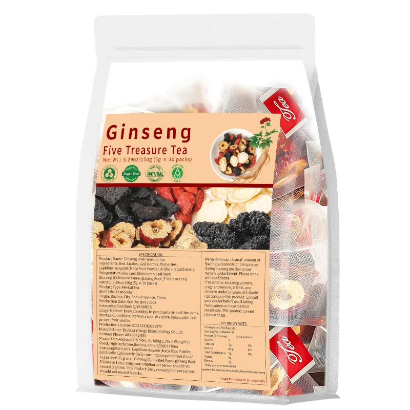 Ginseng Five Treasures Tea, Containing 30 Portable Independent Small Bags Of Tea, Ginseng, Wolfberry, Mulberry And Red Dates Combined With Flowers And Tea Bags, Large‑capacity Family Sharing, Simple Brewing, Suitable For Guests To Drink By Themselves.