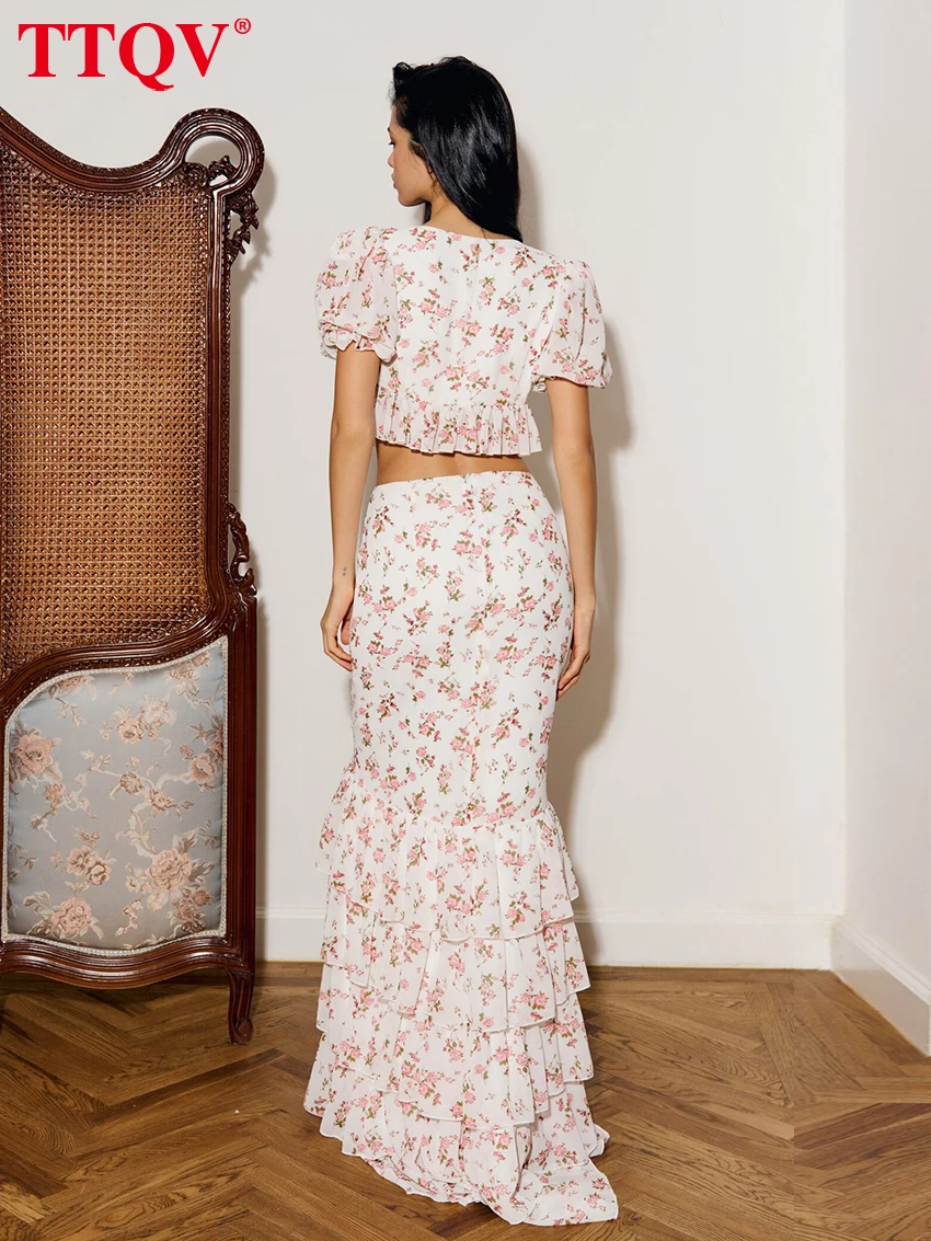 TTQV Fashion Loose Print Two Piece Outfits Woman 2026 Sexy Short Sleeve Crop Shirt With High Waist Maxi Skirt Set Female Clothes