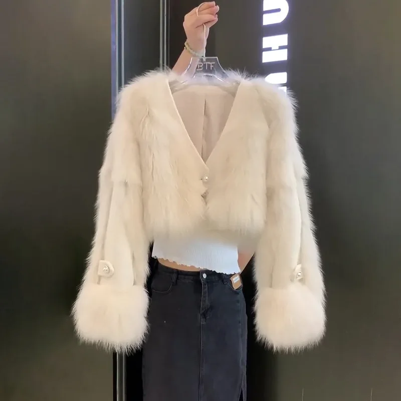 معاطف نسائية من الفرو الصناعي سترات من الفرو الصلب قصيرة بياقة على شكل V وأكمام طويلة وزر واحد سميك ودافئ وفرو فضفاض غير رسمي لخريف وشتاء 2025 #2