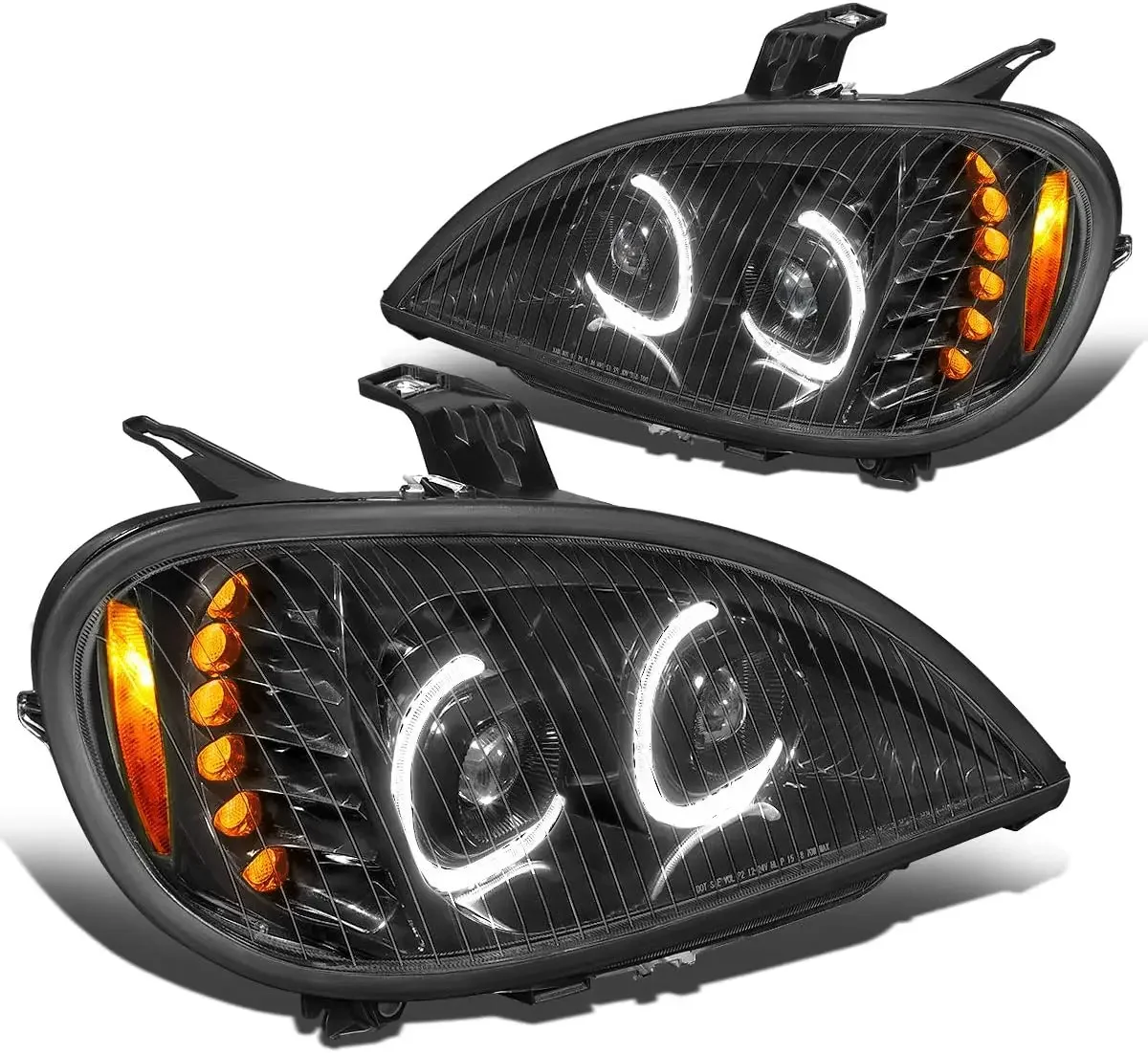 Pair Black Housing LED DRL Dual Projector Headlight Lamps Compatible with Freightliner Columbia 04-17