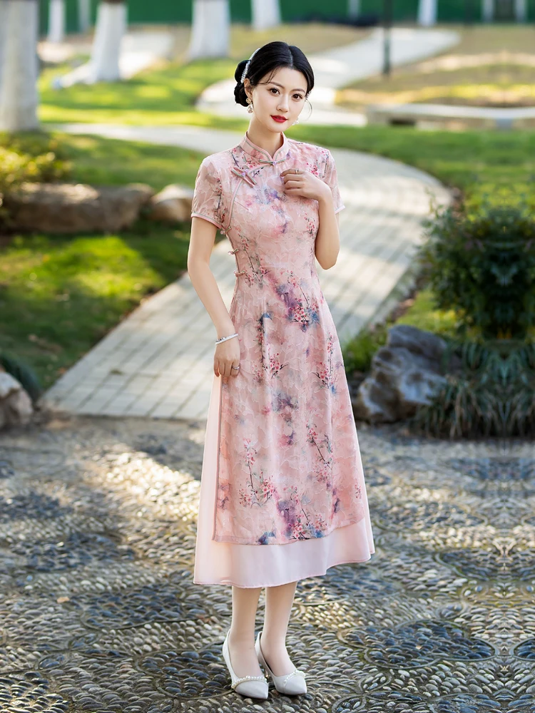 

Pink Qipao Sle Dr Ele Girl Summer Faion High Waist Long Sve Breathable Polyester Blend Chinese Sle Dr