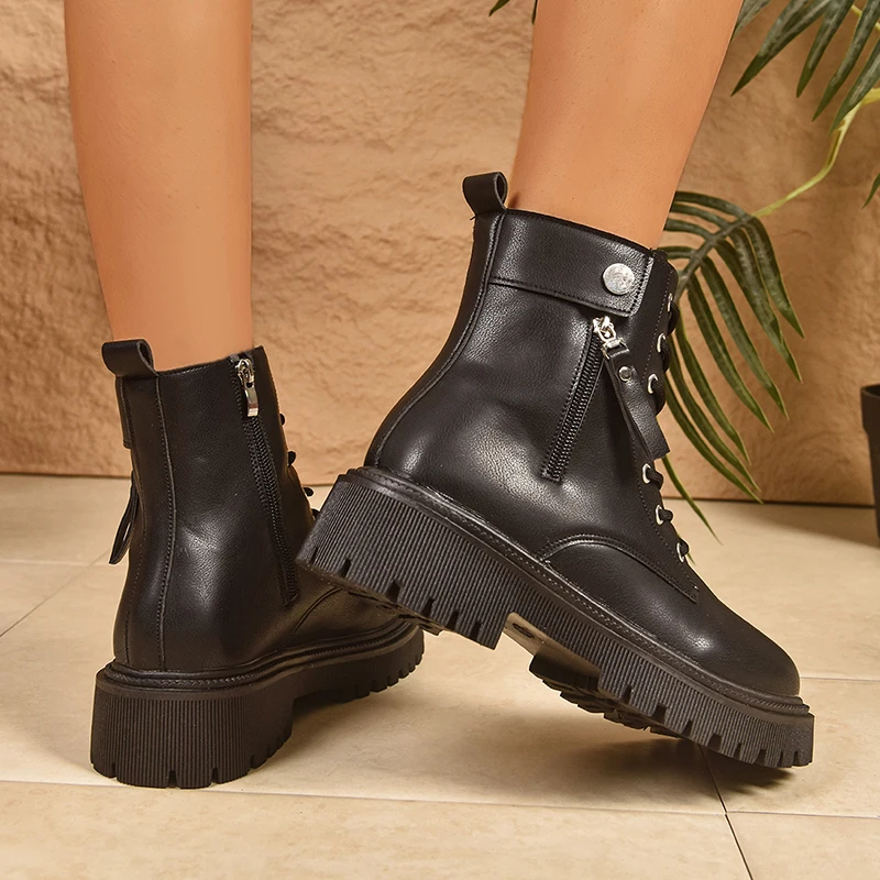 أسود بولي Leather الجلود دراجة نارية أحذية النساء 2025 أزياء من الدانتل حتى منصة حذاء من الجلد امرأة حجم كبير 42 سستة القوطية الأحذية الإناث #3