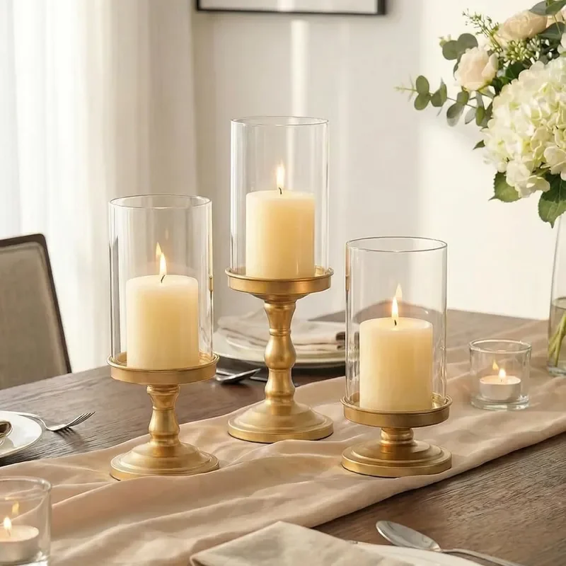 for European Gold Glass Candle Holder 3 Piece Transparent Windshield Wedding Party Atmosphere Decorative Ornament
