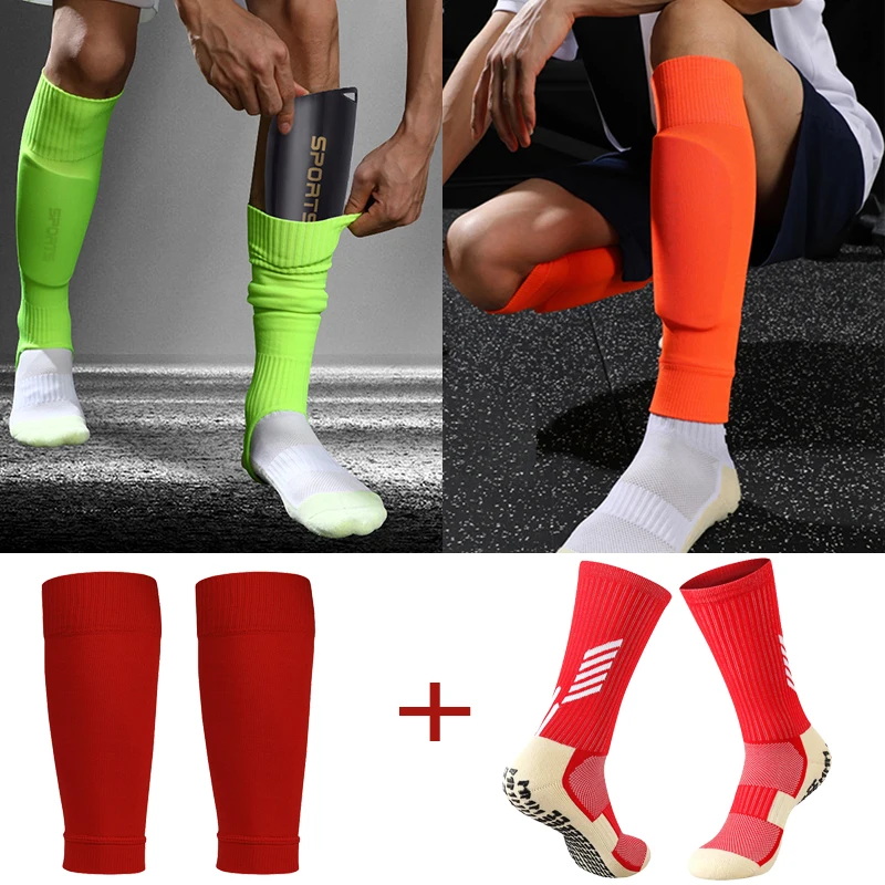 A Set Hight Elasticity Soccer Shin Guards Adults Kids Sports Leg Cover Sleeve Outdoor Protection Gear Anti Slip Football Socks