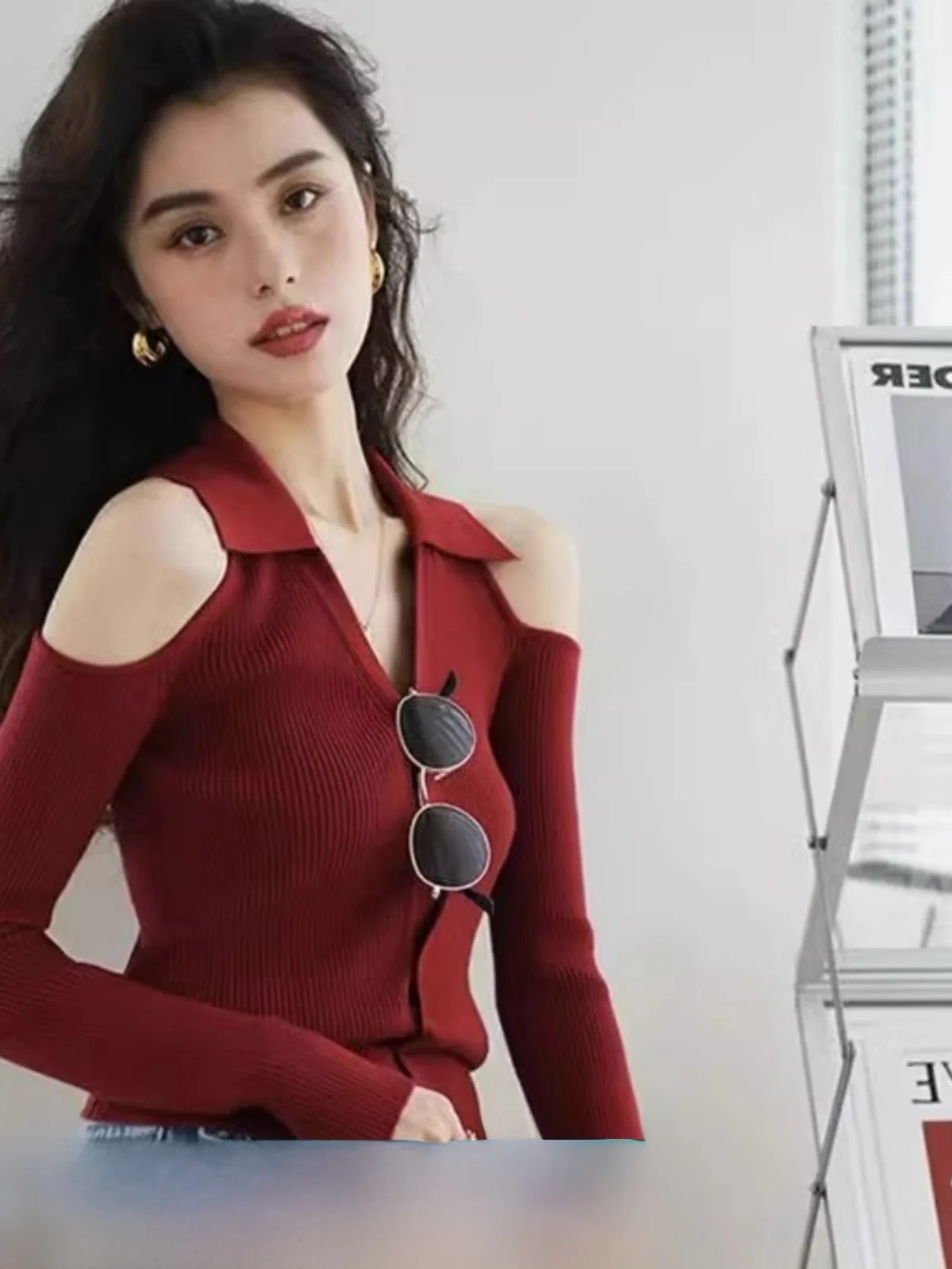 Elegant Black V-Neck Shoulder-Bared Long Sleeve Knitted Sweater Women's Autumn Winter Slim Fit Inner Wear Base Top Female