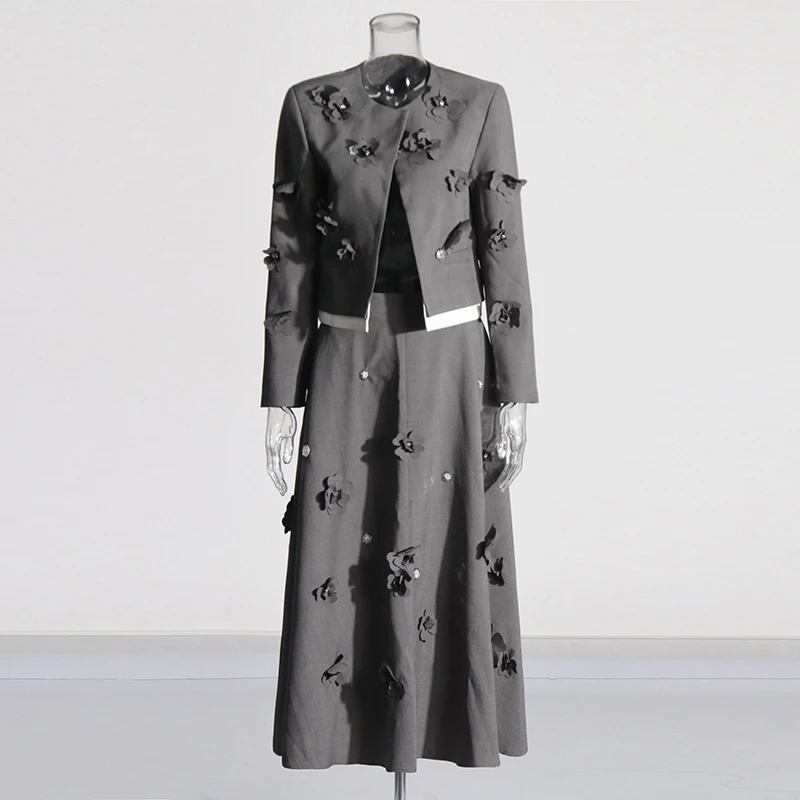 ONEINALL Solid Spliced Appliques Elegant Suits For Women O Neck Long Sleeve Coat High Waist A Line Skirts Vintage Set Female New