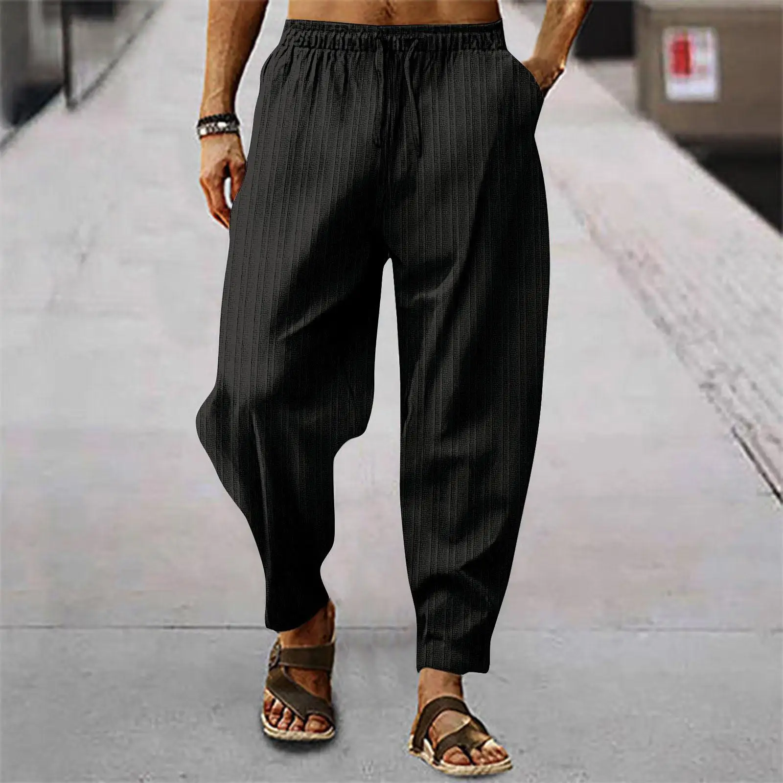 

Men's Summer Loose Fit Cotton Linen Stripe Casual Pants Breathable Spor Long Trousers Straight Leg mid Waist Belted