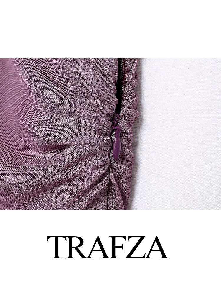 TRAFZA-Robe en Tulle Plissée pour Femme, Tenue Simple, Élégante, avec Fermeture Éclair, Manches sulf, Décontractée, en Maille