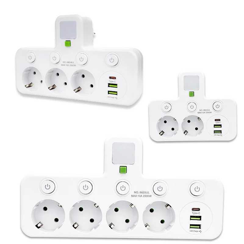 Europlug 1 - to - 3 Multifunctional Converter: Power Strip with Independent Switches, USB - enabled Night Light &MultipleOutlets