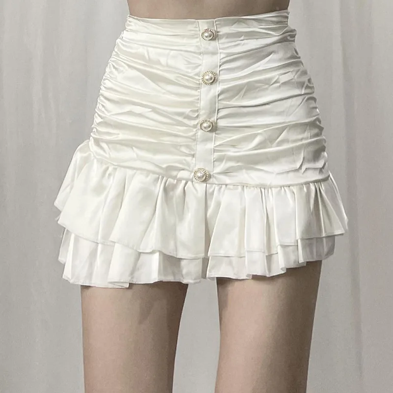 Summer New High Waist Folds Thin Bag Hip Mini Skirts for Women 2021 Fashion Satin Sexy Temperament Pearl Buckle Lotus Leaf Skirt