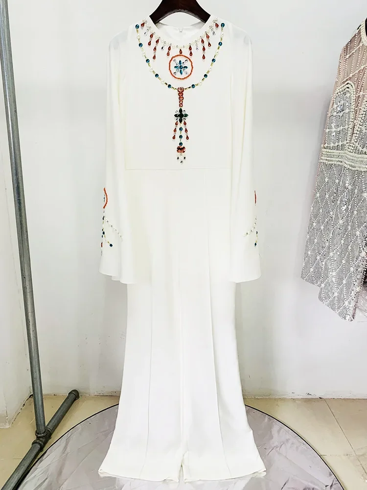 HIGH STREET Newest 2024 Designer Fashion Women\'sTrumpet Bat Sleeves Colorful Diamonds Beading High Waist Chiffon Jumpsuit