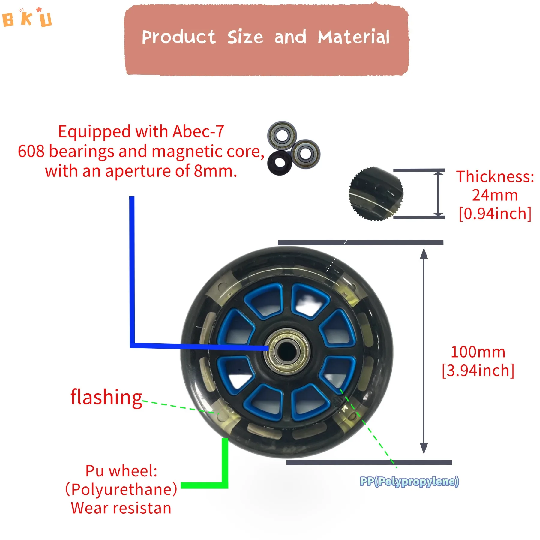 100 mm (4 Zoll) Blitzrollenräder – stummgeschaltete, langlebige, leuchtende PU-Räder, geeignet für Inline-Skates und Roller (2er-Pack)