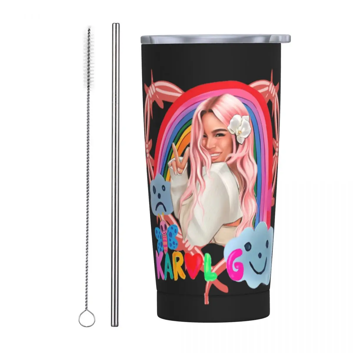 K-Karol G Tumbler Singer Pink Hair Hot Drinks Water Bottle With Straws and Lid Keep Heat Stainless Steel Thermal Mug Mugs Cup