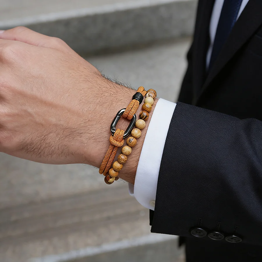 Business 2Pcs Handmade Men Bracelet Set 6mm Stone Beads Bilayer String Luck Energy Braslet Valentine Day Gift For Homme Jewelry