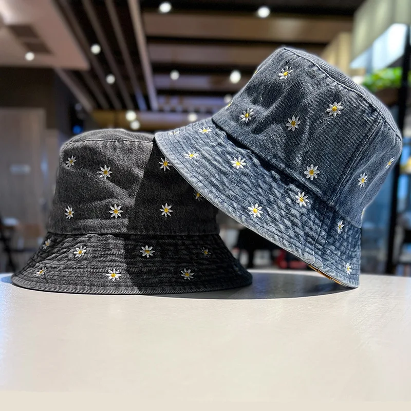 Haftowany kwiat kapelusz typu Bucket dla kobiet jeans kreskówka kapelusz typu Bucket kapelusz na ryby kapelusz Outdoor podróży czapka