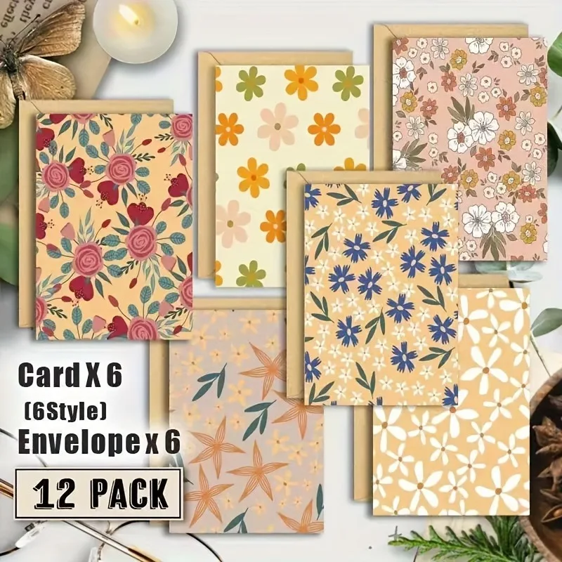 

12Pcs Birthday Card Set with Envelope Colorful Flower Card Vintage Style Material Gift Cards