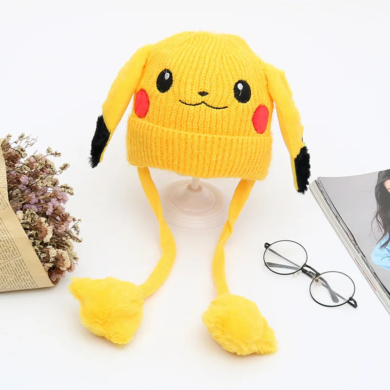 Czapka Pikachu z ruchomymi uszami dziecięca czapka z dzianiny jesienno-zimowa ciepła internetowa czapka gwiazd prezenty dla dzieci czapka dekoracyjna