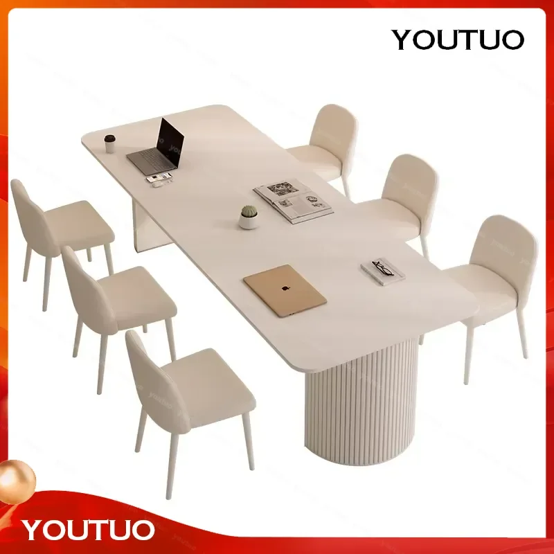 Modern Simple Light Luxury Pure White 2m Long Table Cream Wind Rock Slab Meeting Workbench with Chair Combination for Office