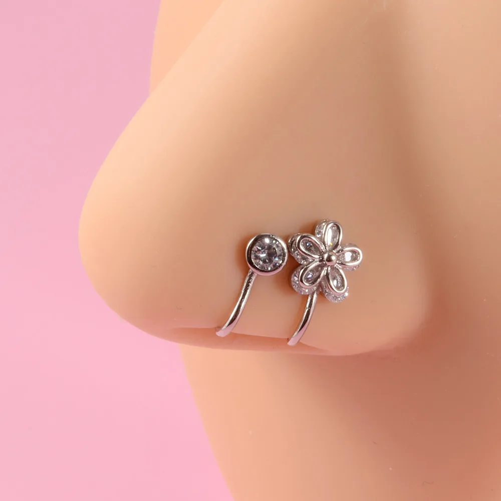 1PC Puncture False Nose Stud Copper Inlaid Flower Moon Nose Clip Heart Leaf Ear Clip Irregular No Hole Nose Ring