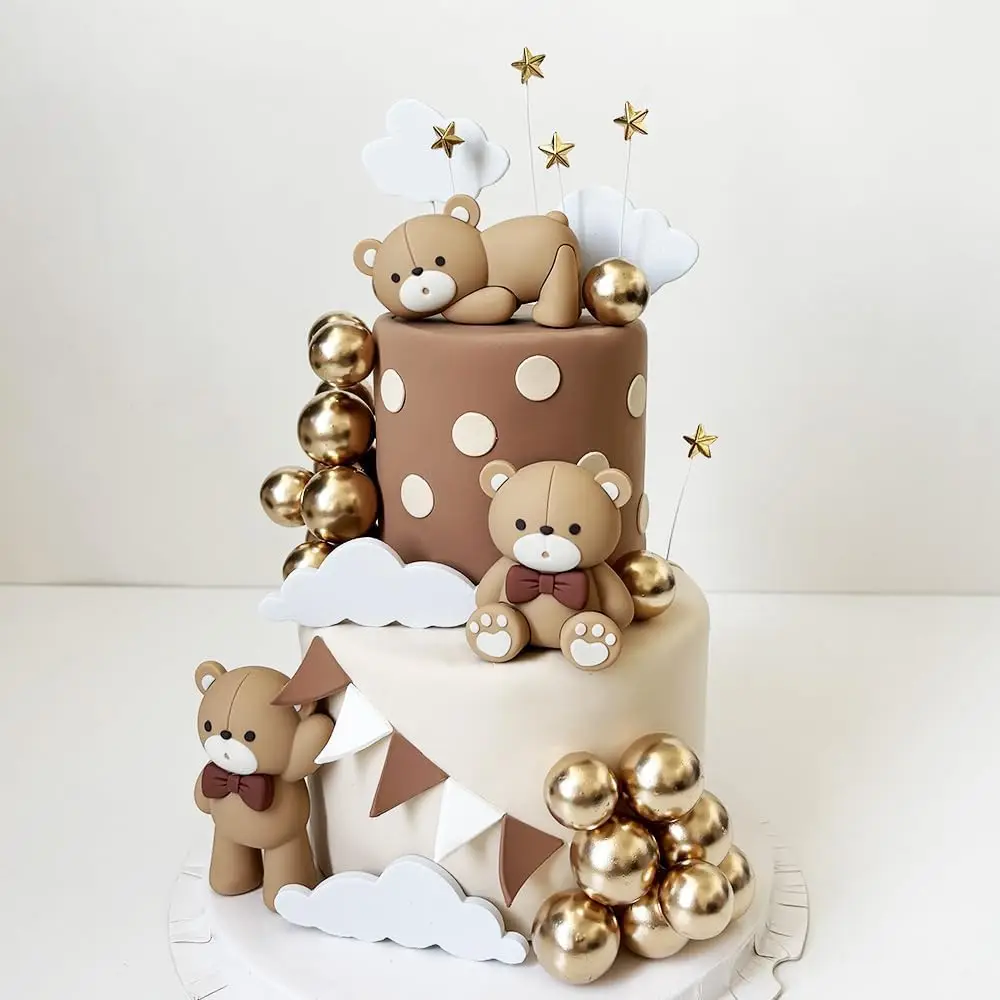 3Pieces Polymer Clay Khaki Cute Mini Bear Birthday Cake Decorations for Boy Girl Baby Shower Birthday Party Supplies