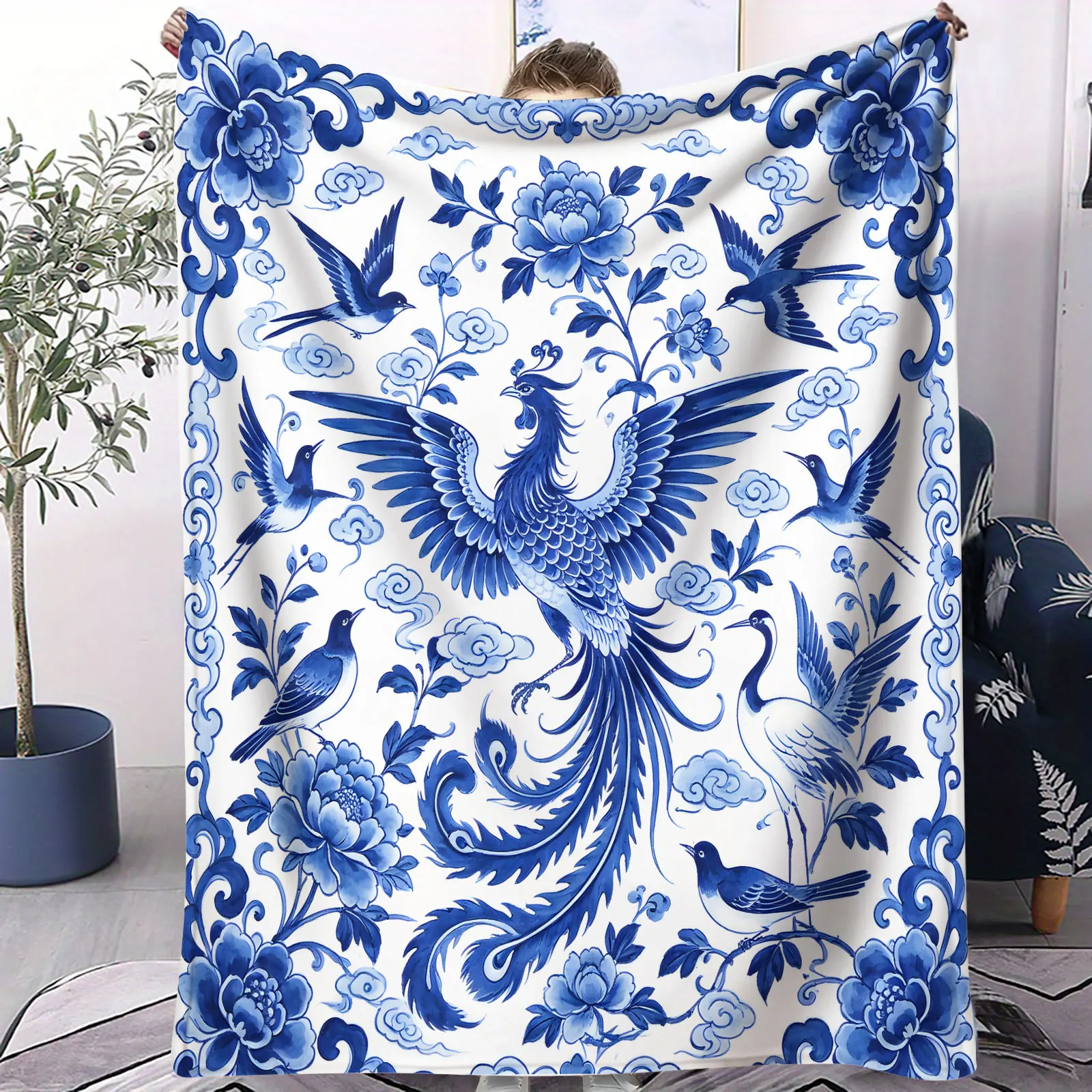 Chinese Blue and White Porcelain Phoenix Birds Peony Cloud Flannel Throw Blanket Traditional Oriental Phoenix Warm Plush Blanket