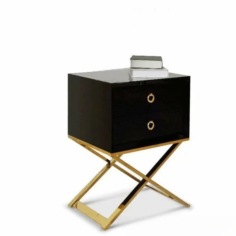 

Nordic light luxury metal stainless bedside table, model room two pumping storage bedroom storage cabinet